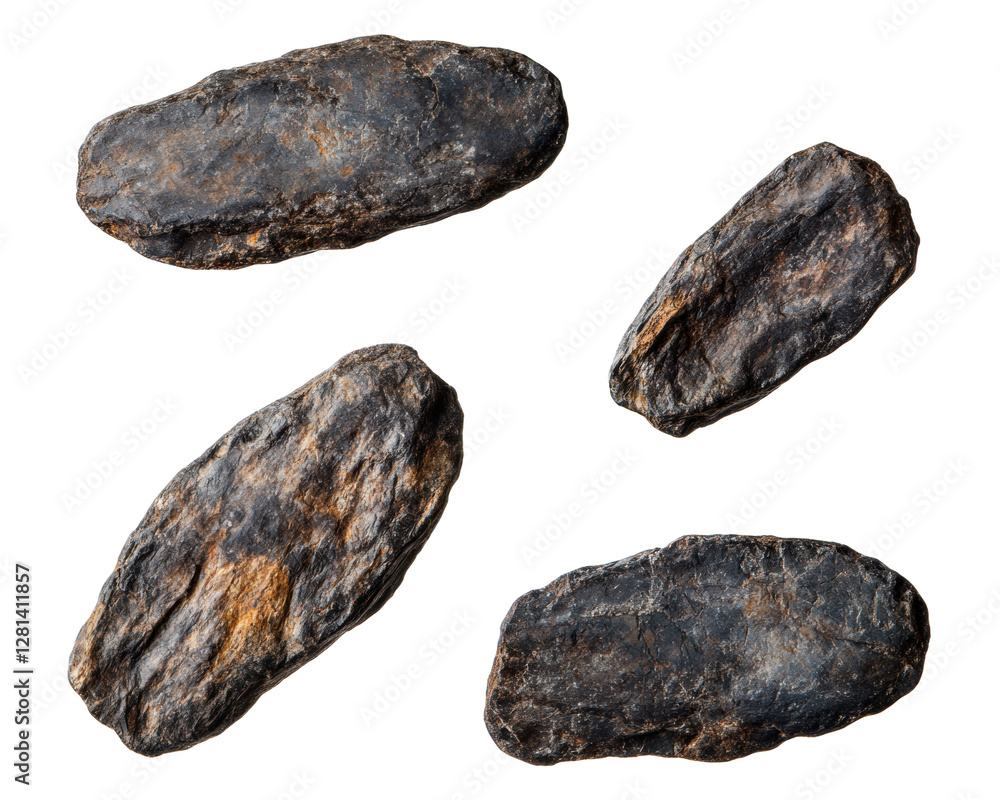 Collection of Dark, Weathered Rocks with Unique Textures and Shapes on Transparent Background