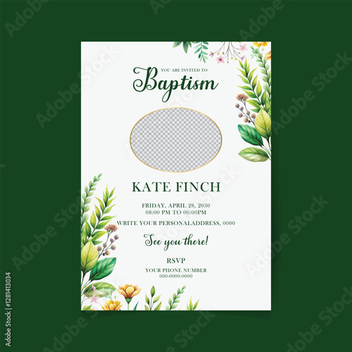 Hand drawn floral baptism poster. greenery baptism  invitation design with floral and watercolor