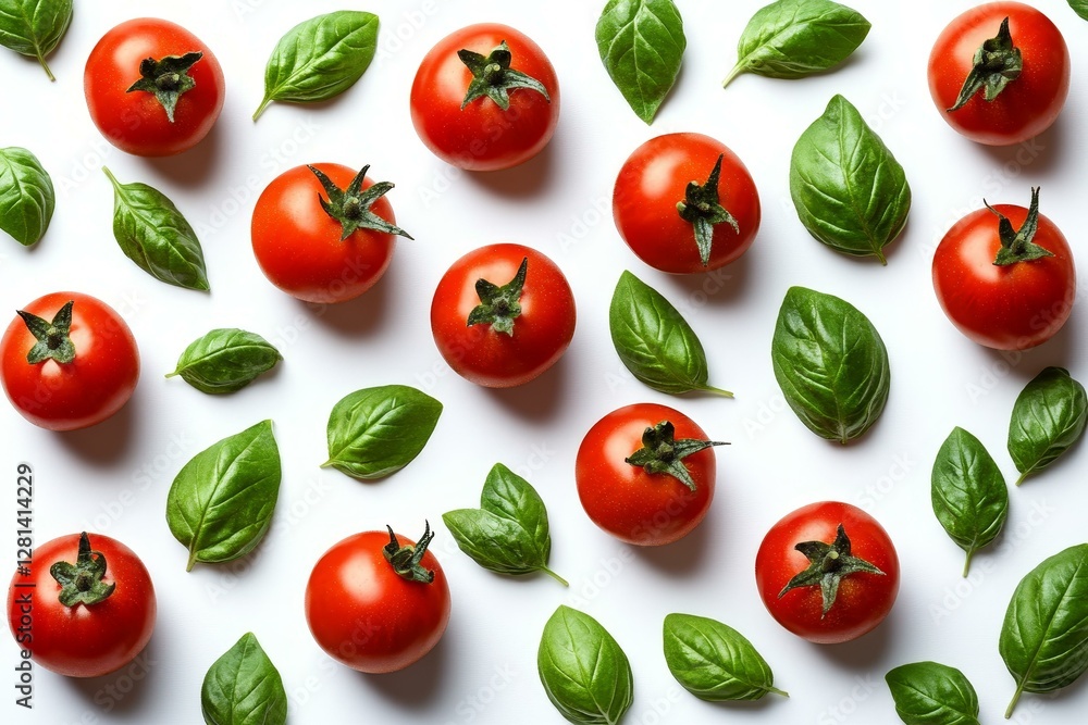 Fresh Tomatoes and Basil Pattern on White Background Fresh Tomatoes and Basil Pattern on White Background