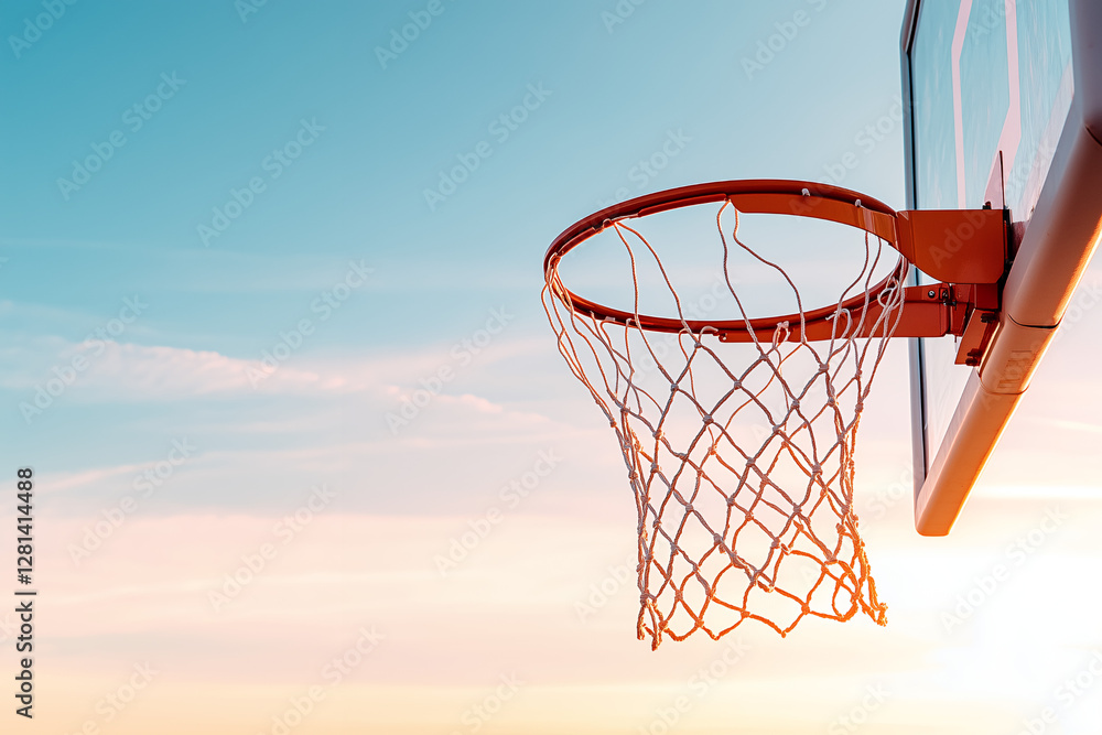 A classic basketball hoop standing against a gradient sunset sky, with its net gently swaying A classic basketball hoop standing against a gradient sunset sky, with its net gently swaying