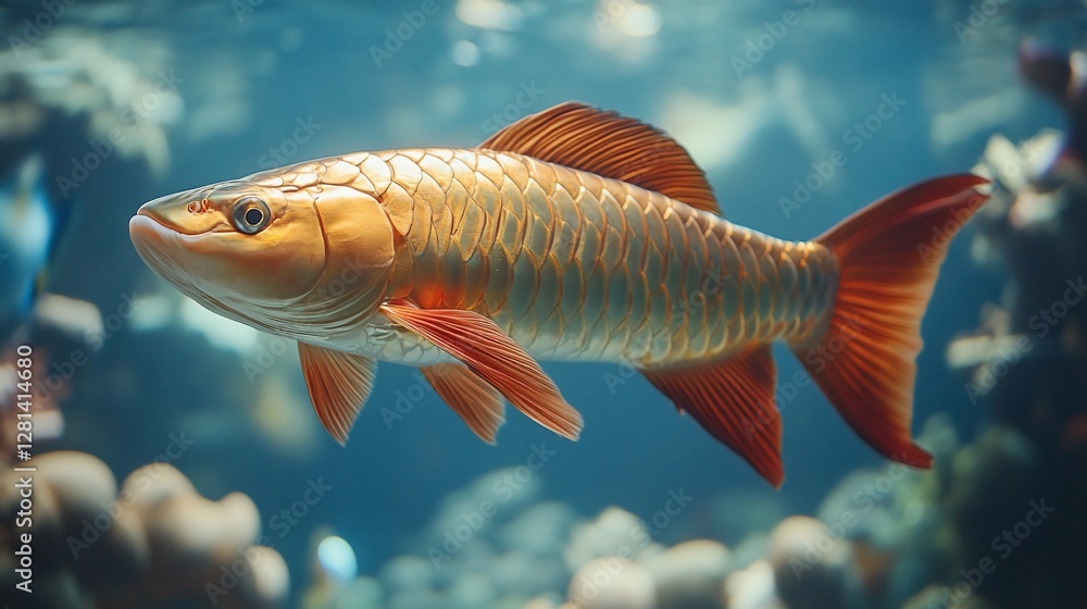 Fototapeta premium Golden fish swims in an aquarium, with coral and plant life in the backdrop