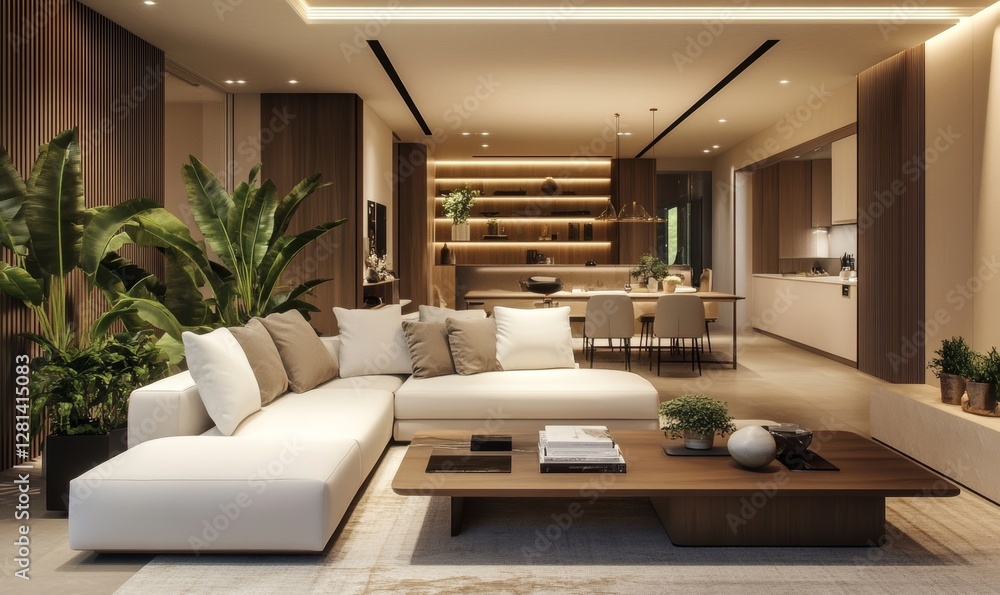 Fototapeta premium Modern Living Room Featuring a White Couch, a Potted Plant, and a Minimalist Shelf in a Bright, Airy Space With Natural Light Streaming In