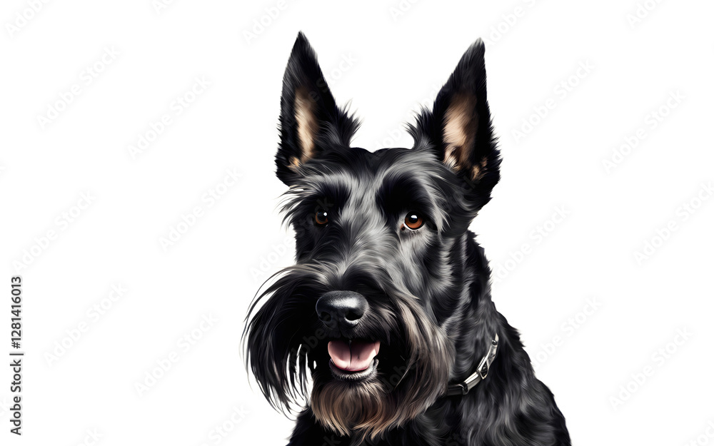 A curious Scottish Terrier standing with perked ears, isolated on a empty plain background A curious Scottish Terrier standing with perked ears, isolated on a empty plain background
