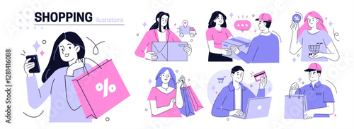 Shopping and delivery set. Characters buy online, purchase by credit card, receive parcel. Ecommerce, internet marketing, retail concept. Vector illustration.