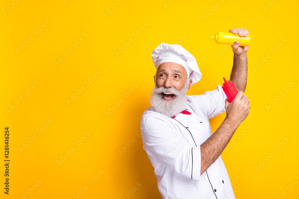 Senior Chef Enthusiastically Holding Mustard and Ketchup Bottles in Vibrant Yellow Background Setting Senior Chef Enthusiastically Holding Mustard and Ketchup Bottles in Vibrant Yellow Background Setting