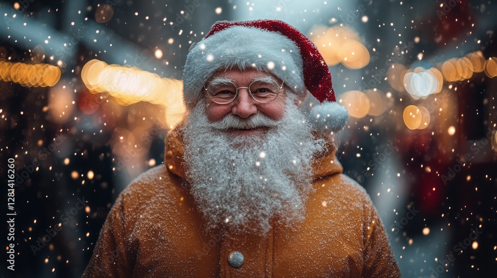 Smiling santa claus portrait in winter snowfall at night Smiling santa claus portrait in winter snowfall at night