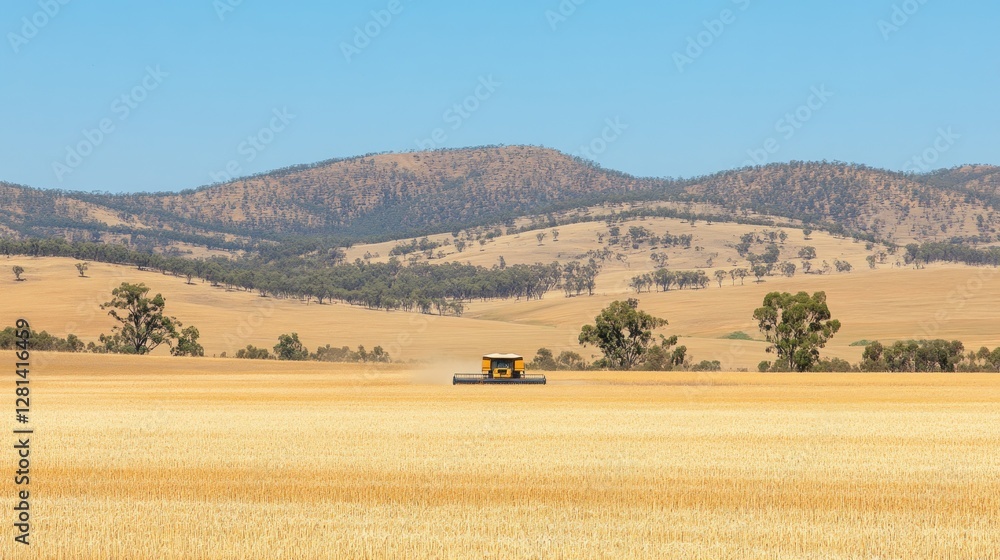 Obraz premium Harvesting Wheat in the Australian Outback: A Golden Panorama