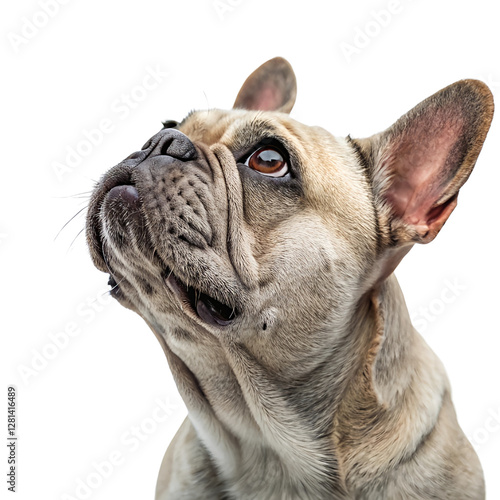 Close-up of an old french bulldog looking up isolated on a transparent background