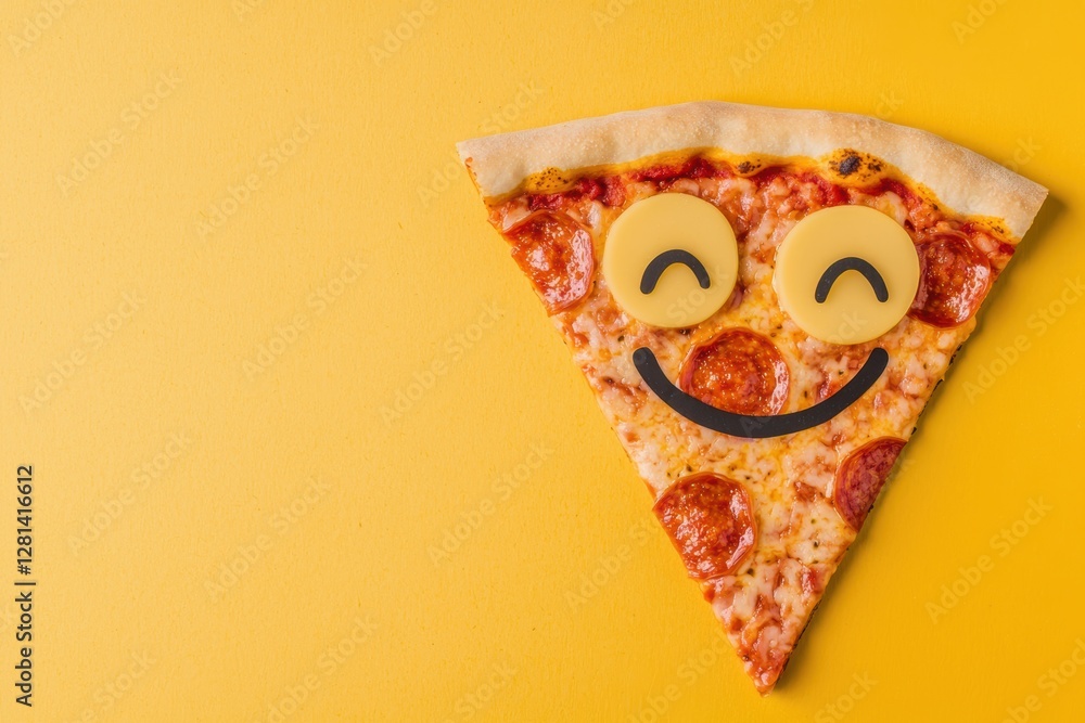 A quirky pizza slice featuring a happy face made of toppings, set against a bright yellow backdrop to evoke joy and appetite A quirky pizza slice featuring a happy face made of toppings, set against a bright yellow backdrop to evoke joy and appetite