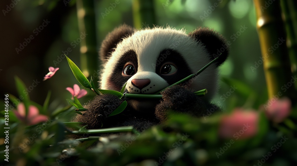 Obraz premium Adorable Panda Cub Enjoying Bamboo in Lush Forest