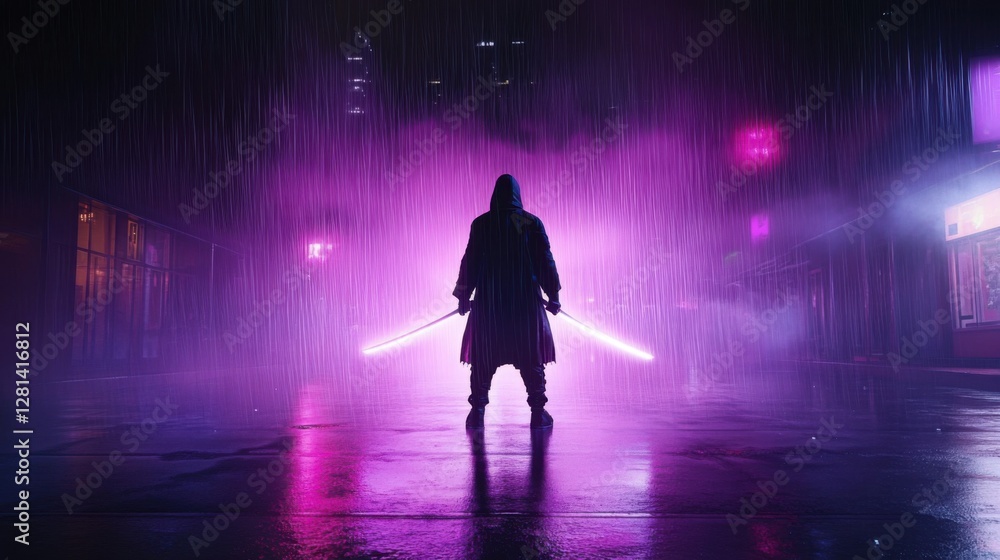 Mysterious Figure in Rain with Neon Lights and Energy Weapons Mysterious Figure in Rain with Neon Lights and Energy Weapons