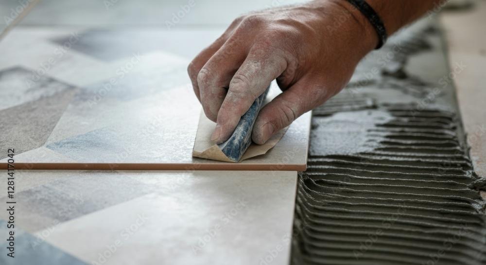 Male hand installing geometric tiles on adhesive surface Male hand installing geometric tiles on adhesive surface