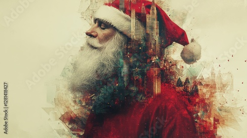 A contemplative santa claus figure merges with the urban landscape