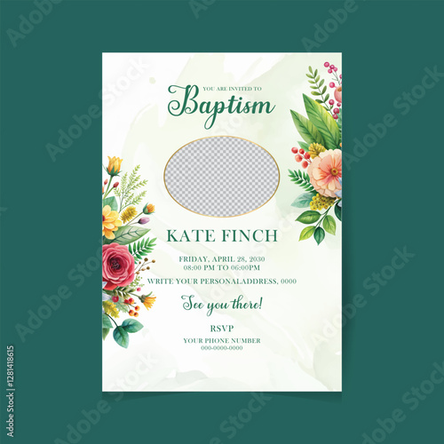 Hand drawn floral baptism poster. greenery baptism  invitation design with floral and watercolor
