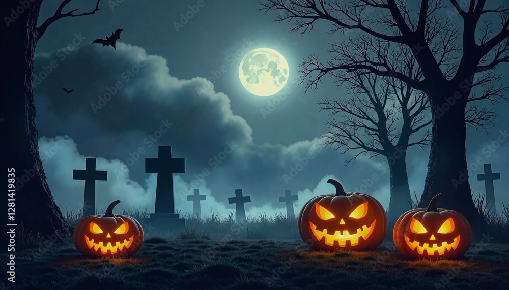 Spooky graveyard scene with pumpkins and eerie fog illuminated by a full moon Spooky graveyard scene with pumpkins and eerie fog illuminated by a full moon