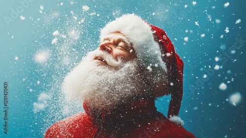 Santa claus stands serene under gently falling snow