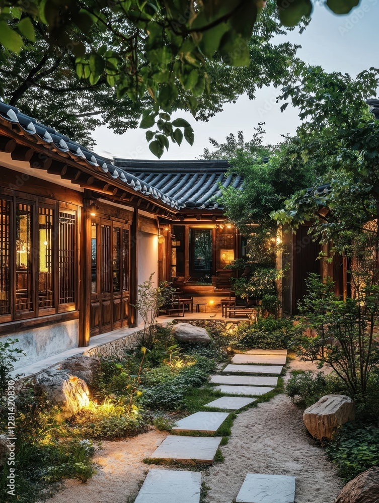 A traditional Korean home offers tranquility in a garden A traditional Korean home offers tranquility in a garden