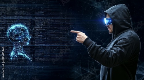 gaming industry concept. A hacker in a hoodie interacts with a digital avatar in a futuristic environment.