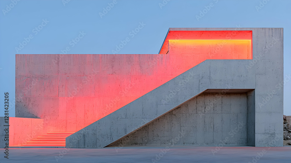 Fototapeta premium Illuminated concrete building, desert sunset, architectural design, modern structure