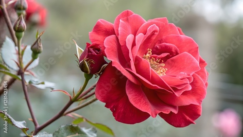 Blooming Red Rose in Soft Focus Garden