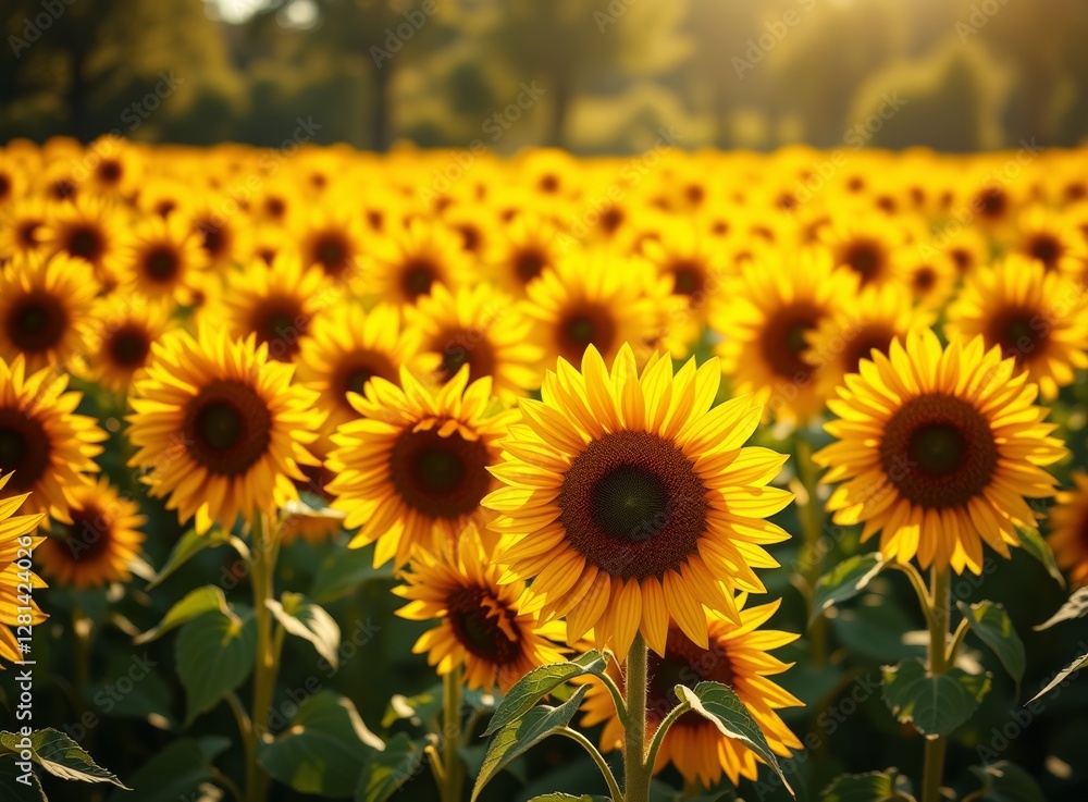 Fototapeta premium Vibrant Sunflower Field in Full Bloom, Close-Up View, Agricultural Landscape, Sunny Day