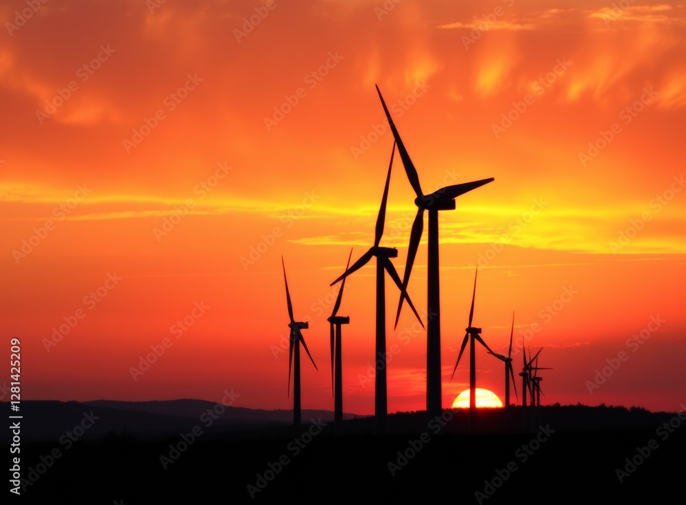 Wind Turbines at Fiery Sunset, Renewable Energy Silhouette, Environmental Power