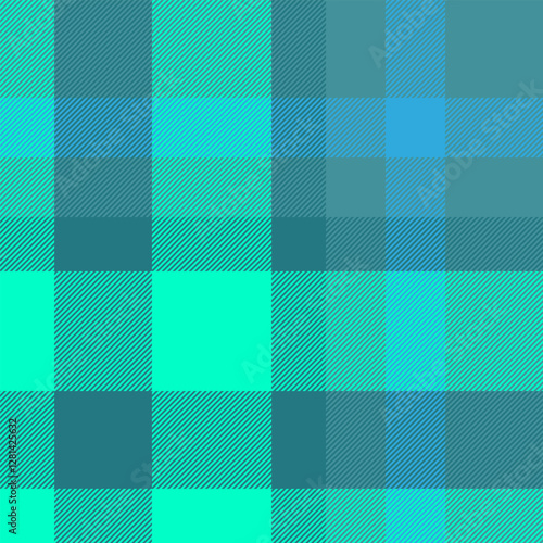 Back background textile pattern, foot seamless vector texture. Tracery tartan fabric plaid check in cyan and bright colors.