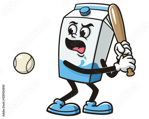 Milk Box character mascot cartoon playing baseball