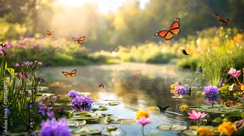 Serene pond with butterflies and colorful flowers in a sunlit garden.