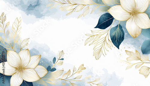 winter background  hand painted watercolor and gold brush texture flower and botanical leaves hand drawing abstract art design for wallpaper wall arts cover wedding and invite card