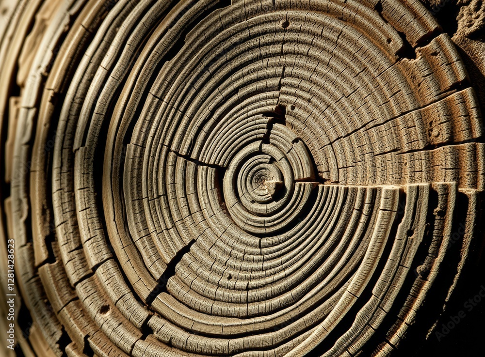 Fototapeta premium Weathered Stump Detail, Wood Texture Background, Concentric Tree Growth Rings, Pattern