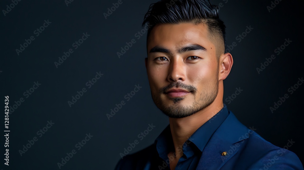 Portrait of a handsome Asian man in a blue blazer, looking directly at the camera. Portrait of a handsome Asian man in a blue blazer, looking directly at the camera.