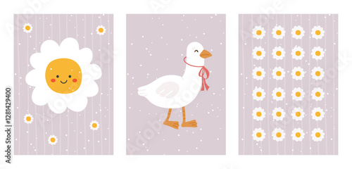 Cute posters for girl room, cute duck animals, trend flower, kids vector cartoon