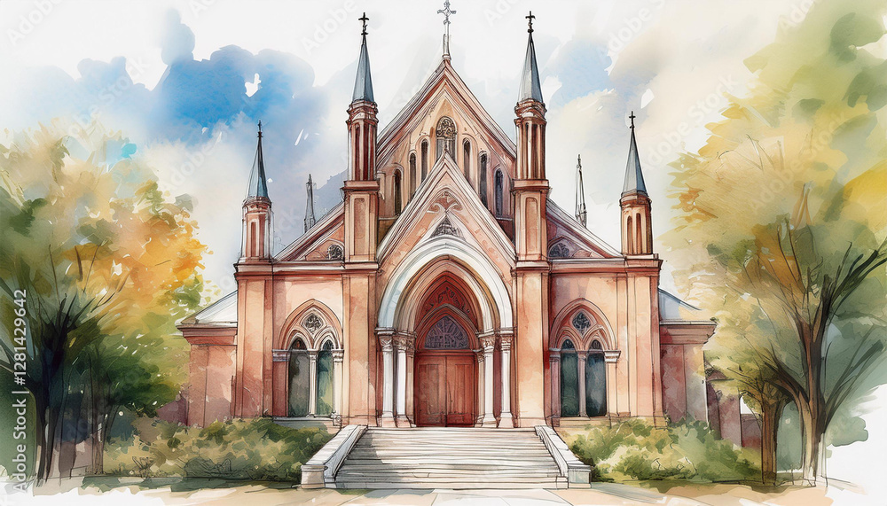 Obraz premium watercolor church architecture illustration watercolor illustrations