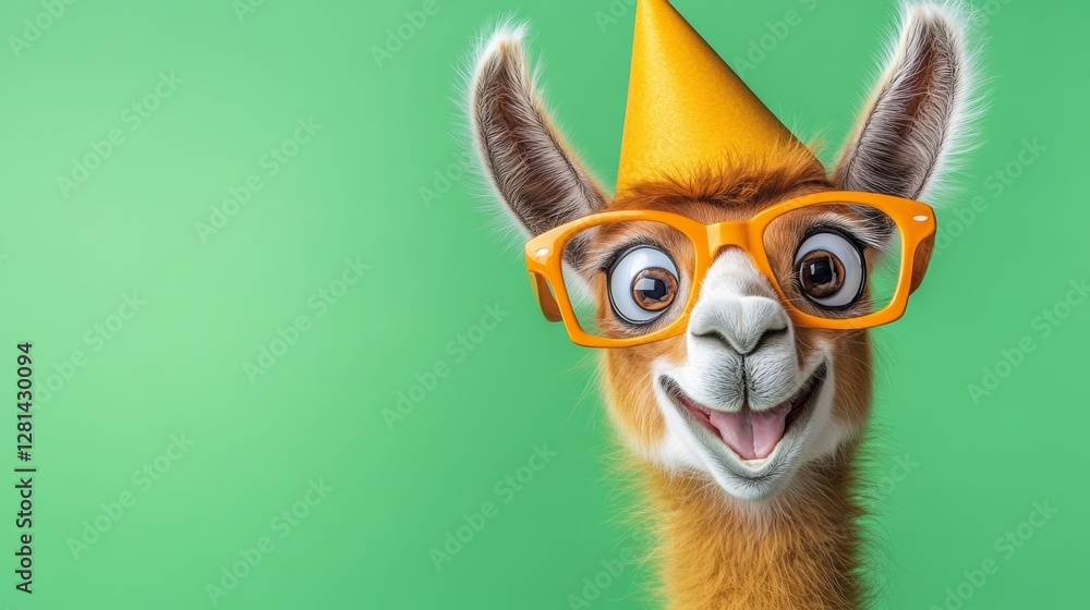 Obraz premium Cartoonish llama wearing glasses and a yellow party hat. The llama is smiling and he is happy