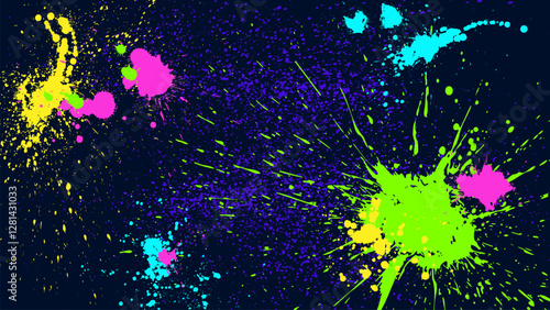 Dark grunge abstract background with splashes of neon paint.