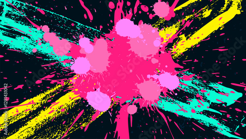 Abstract grunge neon background with crossed stripes and paint drops scattered in the center.