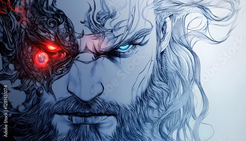 A striking portrait depicts a bearded warrior with a mechanical red eye and flowing hair, exuding both power and otherworldly mystery.