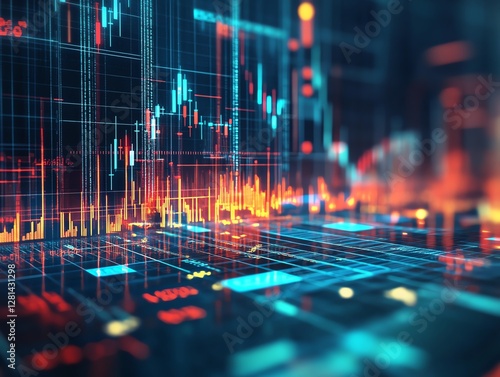A dynamic market data visualization with rising stock prices, glowing trade graphs, and a detailed money exchange diagram in 3D rendering
