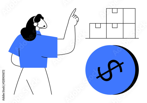 Woman pointing while wearing headset beside stacked boxes and crossed-out dollar sign. Ideal for supply chain, logistics, cost management, inventory control, customer support, financial planning