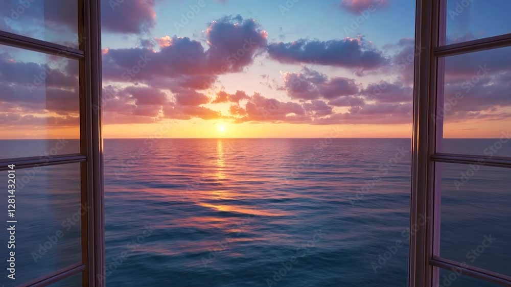 Ocean sunset viewed from open window, calming home interior Ocean sunset viewed from open window, calming home interior