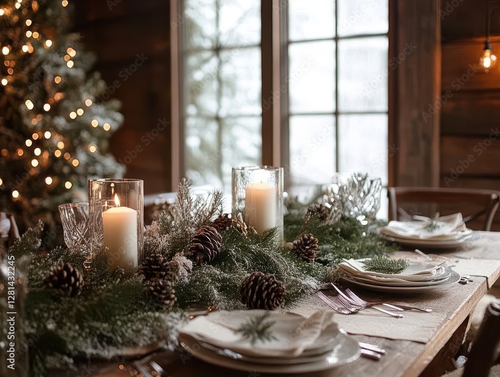 A beautifully decorated rustic wooden table for a Christmas dinner A beautifully decorated rustic wooden table for a Christmas dinner