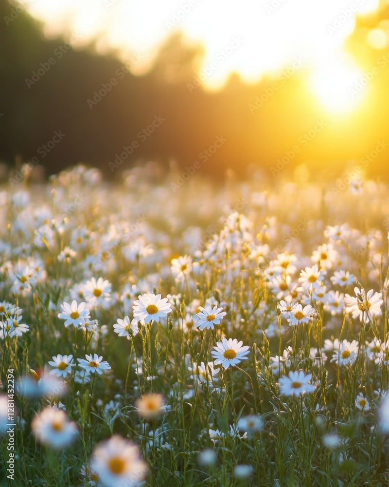 Fototapeta premium Serene daisy field bathed in golden sunlight at sunset creating a tranquil and peaceful atmosphere with a bokeh background