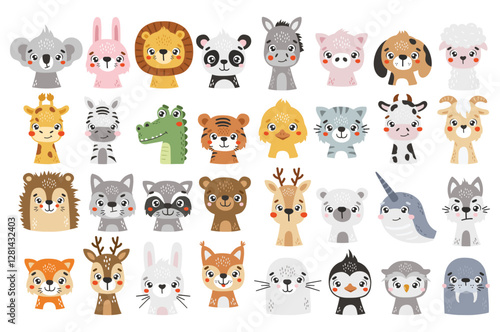 Cute animals set isolated, cute forest, safari, polar, farm animals, kids vector cartoon