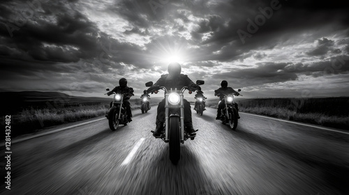 Bikers riding powerful motorcycles on a highway at sunset under dark clouds in black and white