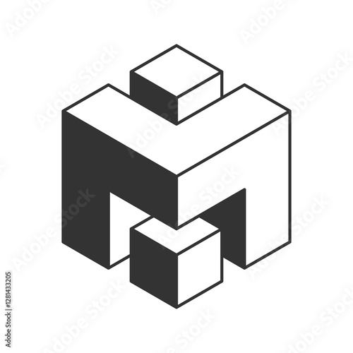 Abstract isometric cube composition.  Stylish monochrome design perfect for tech, engineering, architecture, or design concepts. Represents connection, structure, or innovation.