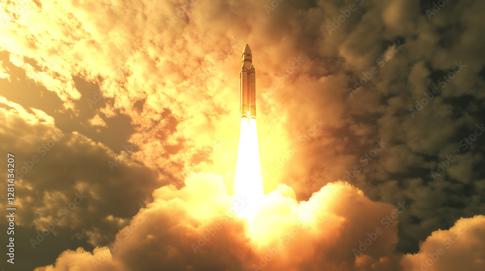 Powerful space rocket launching from Earth to the Sun through dramatic clouds at sunset, exploration and achievement concept Powerful space rocket launching from Earth to the Sun through dramatic clouds at sunset, exploration and achievement concept