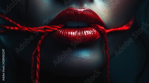 A woman's lips are tied with a red rope