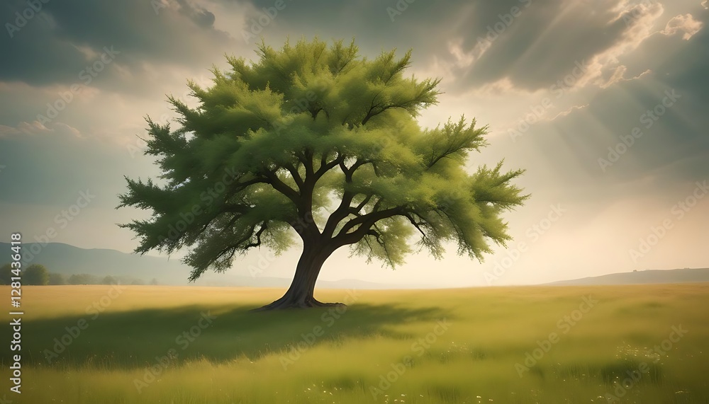 Fototapeta premium A solitary green tree stands within an open green field
