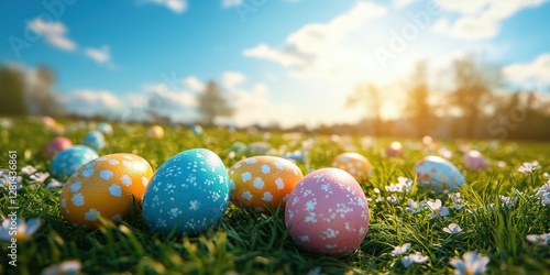 Wallpaper Mural Colorful Easter eggs scattered across a blooming green field under a bright blue sky at sunset Torontodigital.ca